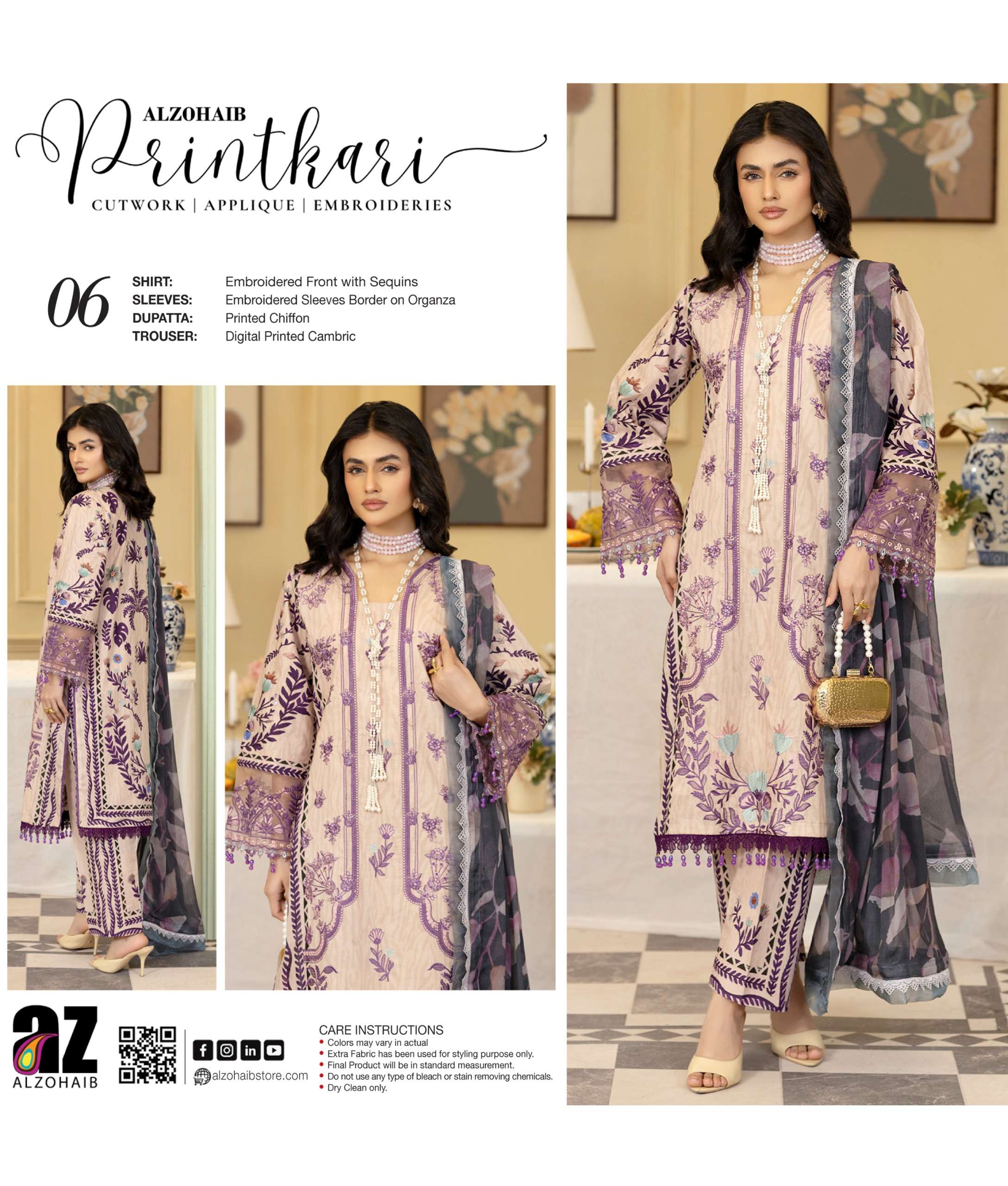 ZOHAIB TEXTILES SUNSHINE PRINTKARI EDITION EMBROIDERED SHIRT TYPE PAKISTANI SUIT EXPORTER